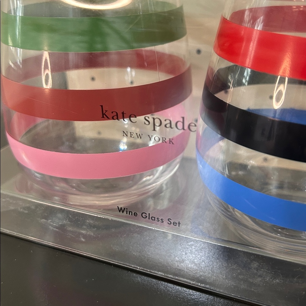 Kate Spade NIB Multicolor Striped Acrylic 14 oz Stemless 2-Piece Wine Glass Set - Picture 5 of 13